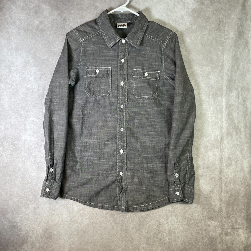 VINTAGE Kavu Shirt Mens Medium Gray Button Up Long Sleeve Outdoor Hiking Y2K